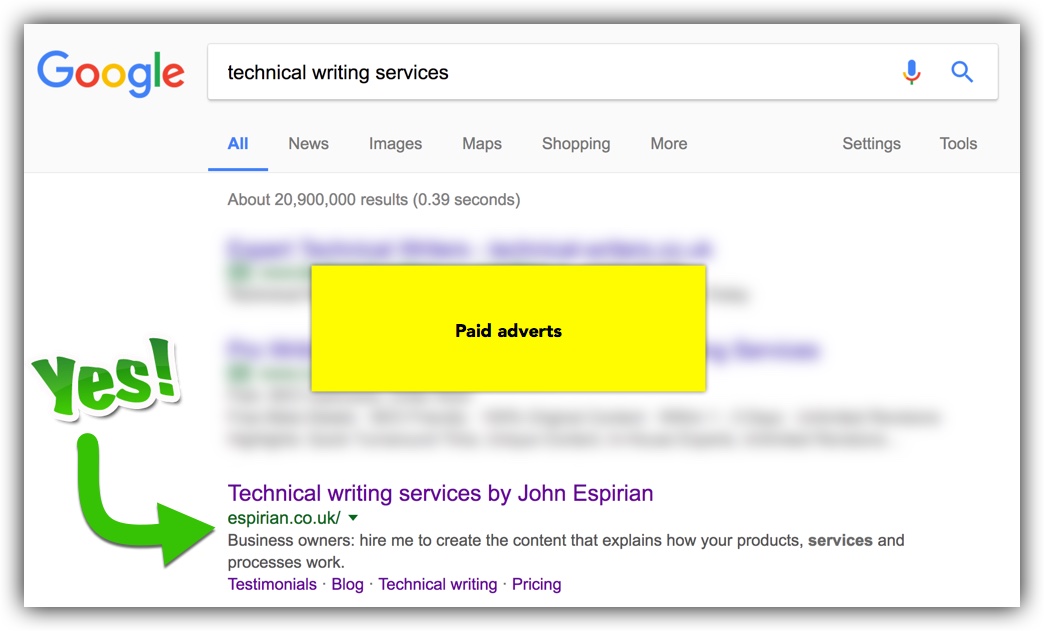 Technical writing services search on Google