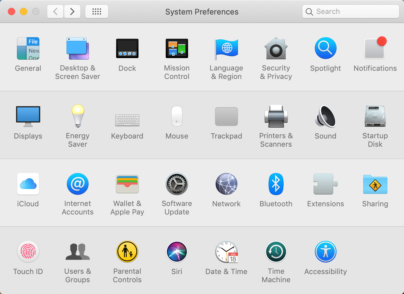 Apple System Preferences from MacBook Air 2018