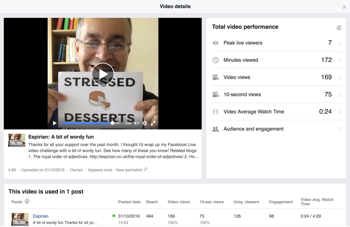 Video analytics on my Facebook business page