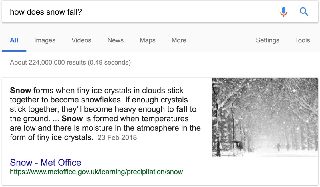 How does snow fall? Google featured snippet from The Met Office
