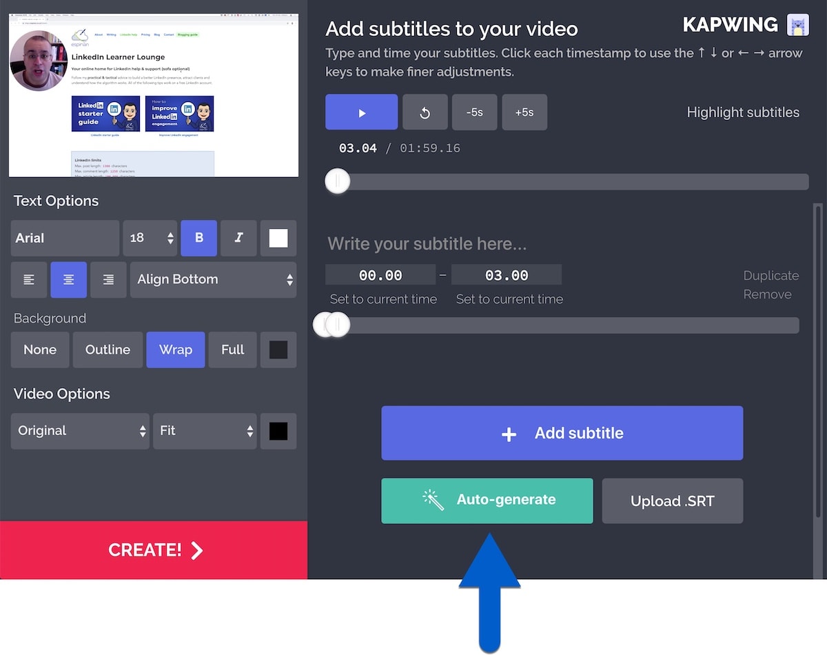 Kapwing user interface for captions