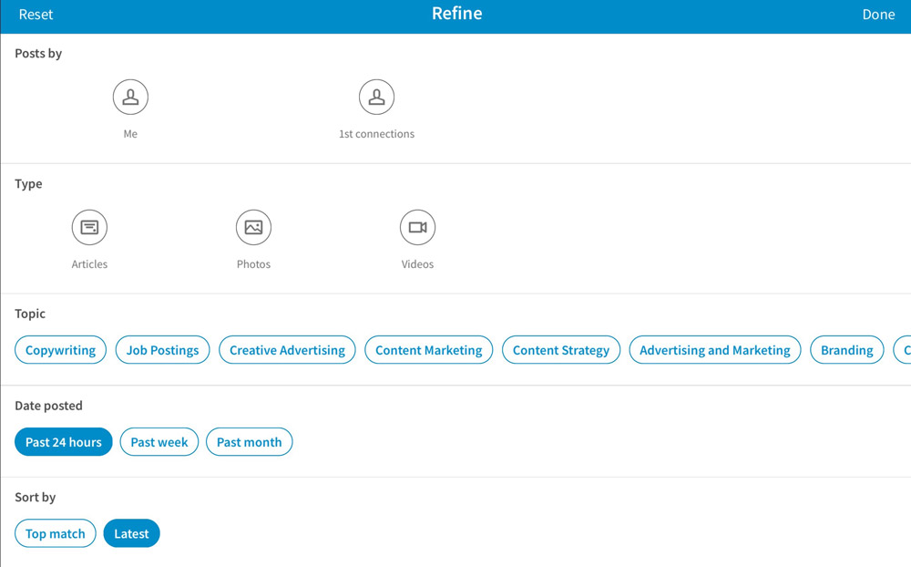 LinkedIn Refine screen