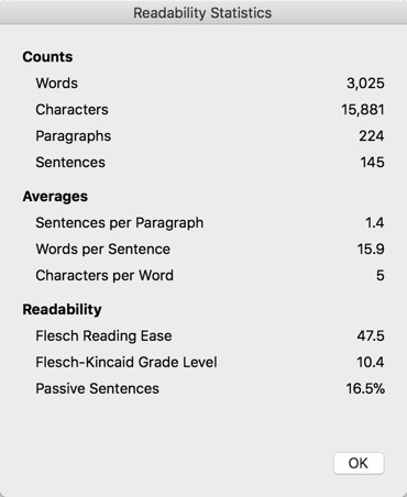 Word readability statistics