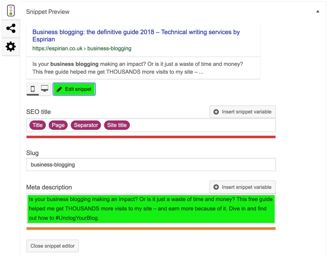 Yoast SEO sample showing how to edit the meta description for a WordPress page