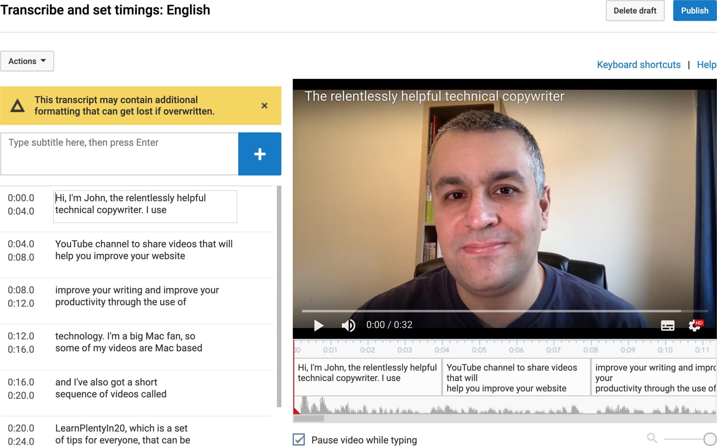 Edit captions and then publish them to YouTube