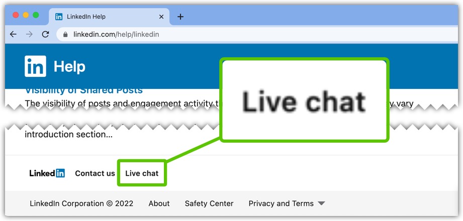 LinkedIn live chat option for support for Premium members