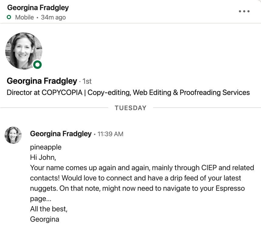 LinkedIn invitation from Georgina Fradgley