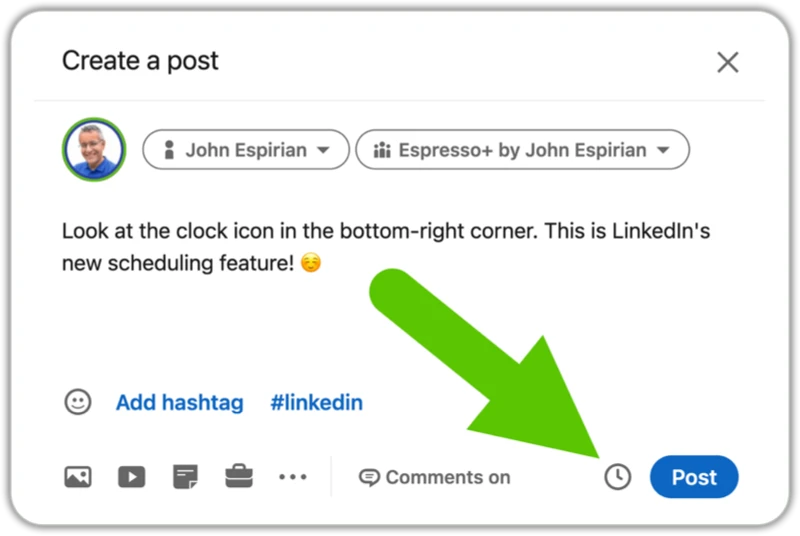 Clock icon on composition window for a LinkedIn post