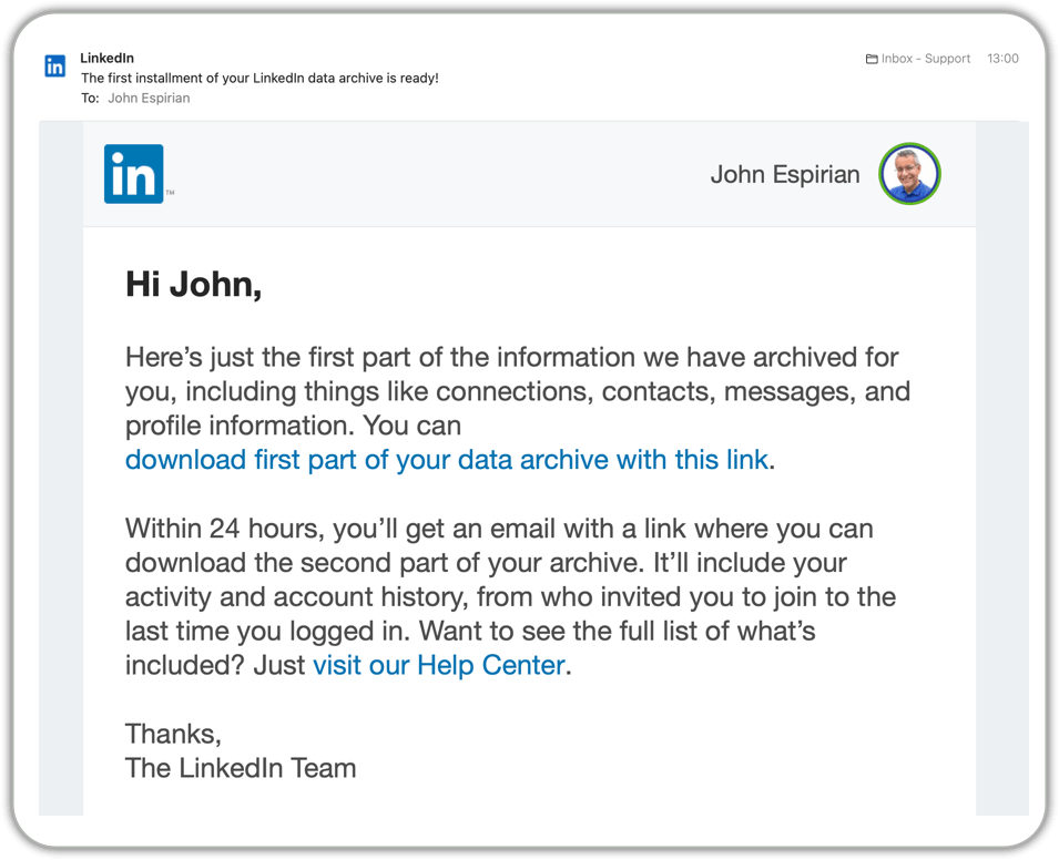 LinkedIn export data email 1