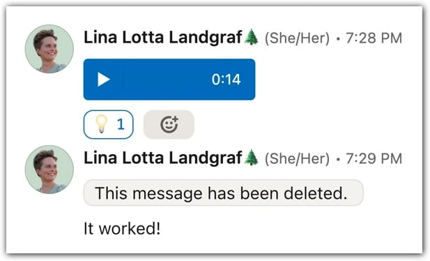 A LinkedIn voice note with a reaction and another voice note deleted